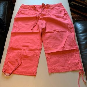 Faded Glory cropped drawstring pants size 12 bright pink tone on tone embroidery